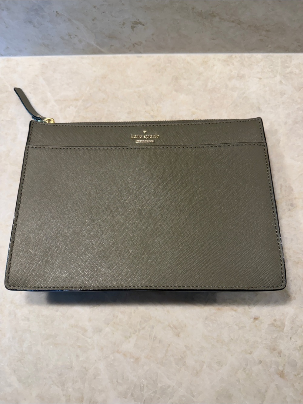 kate spade olive green leather zip crossbody with gold logo